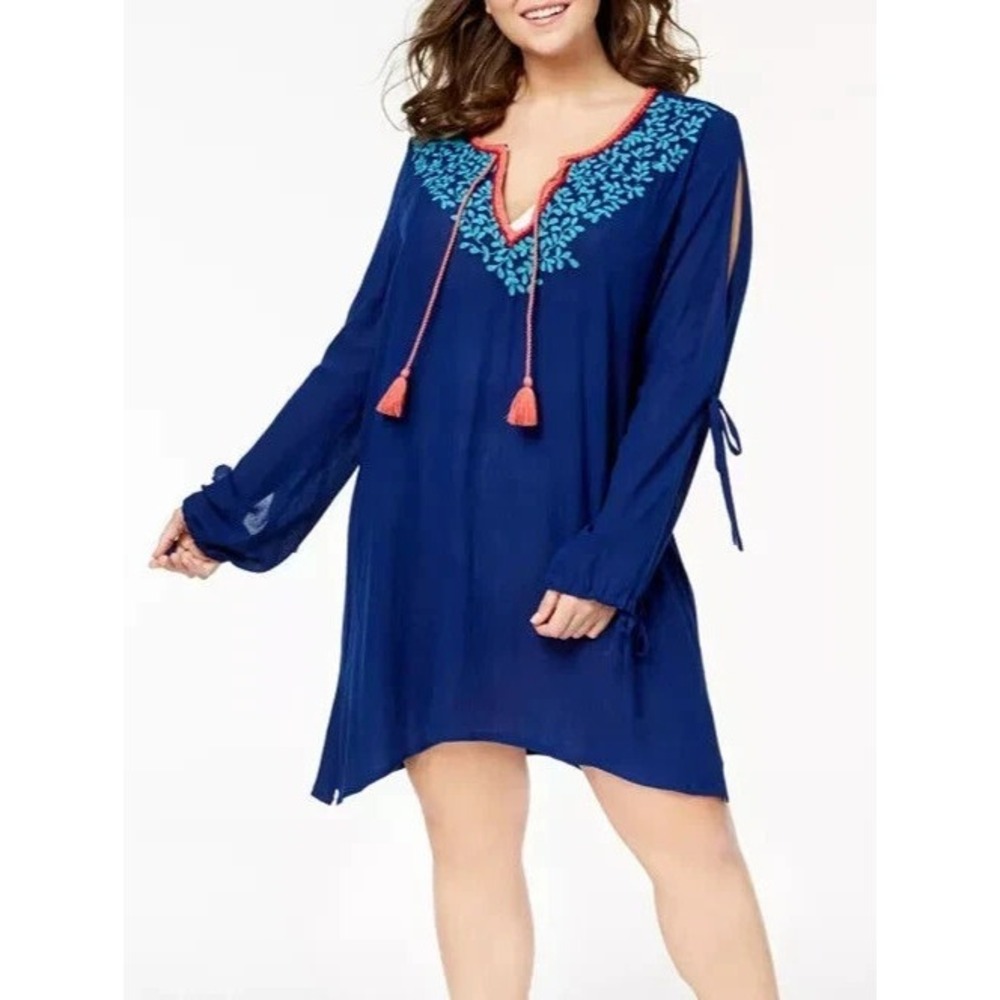La Blanca Midnight Blue Leaf It Swim Cover Up Tunic Embroidery Small Beach Boho